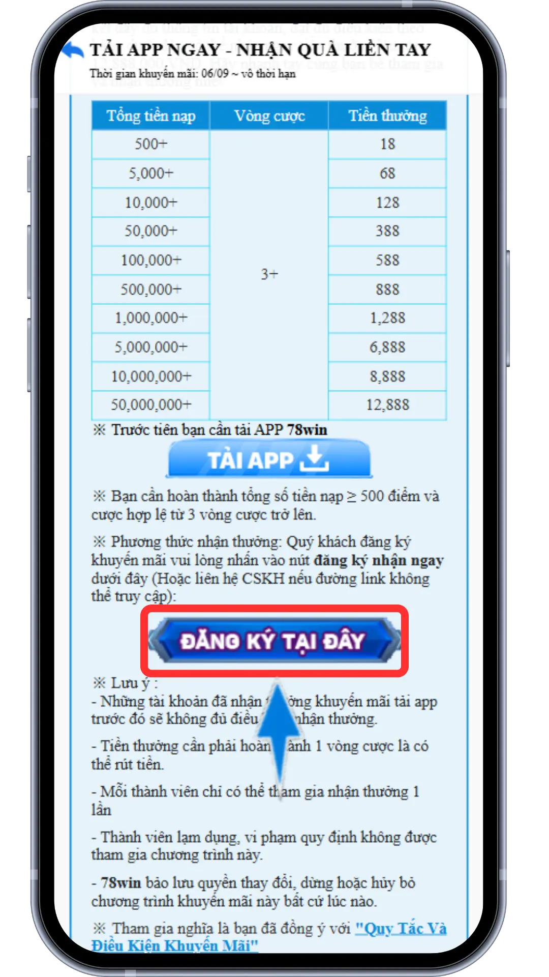 Bước 4 : Sau khi tải APP thành công, quay về giao diện khuyến mãi ấn Đăng Ký Nhận Ngay